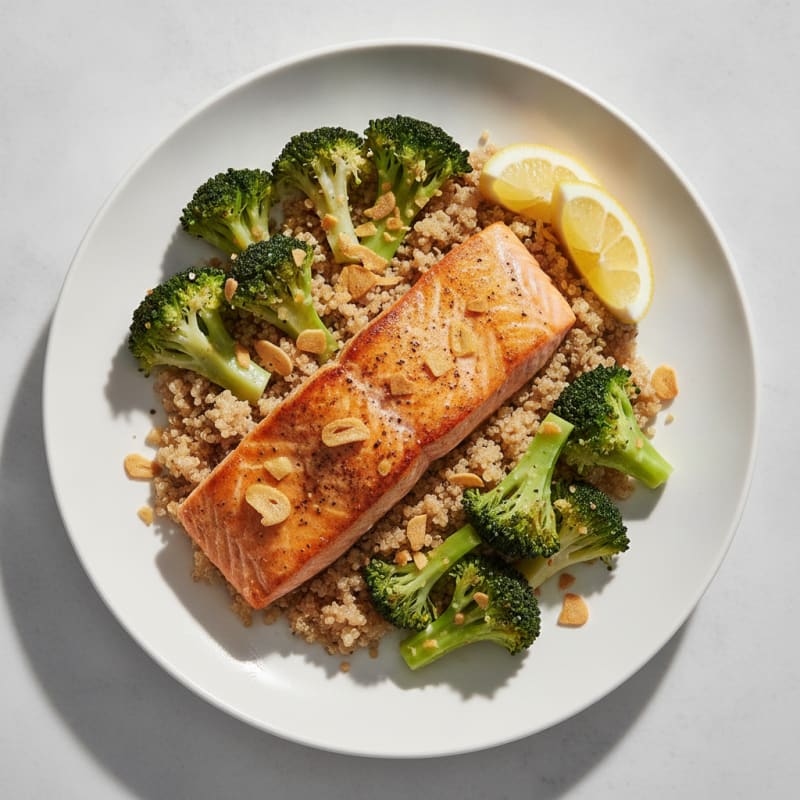 Seared Salmon Fillet with Steamed Broccoli and Quinoa