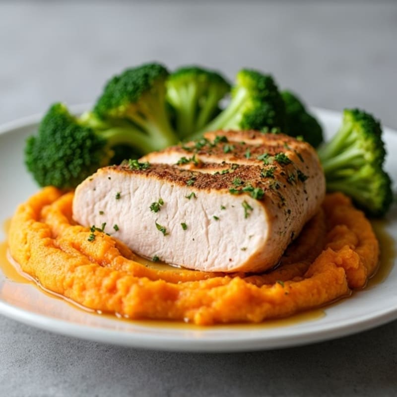 Herb-Baked Turkey Breast with Steamed Broccoli and Sweet Potato Mash