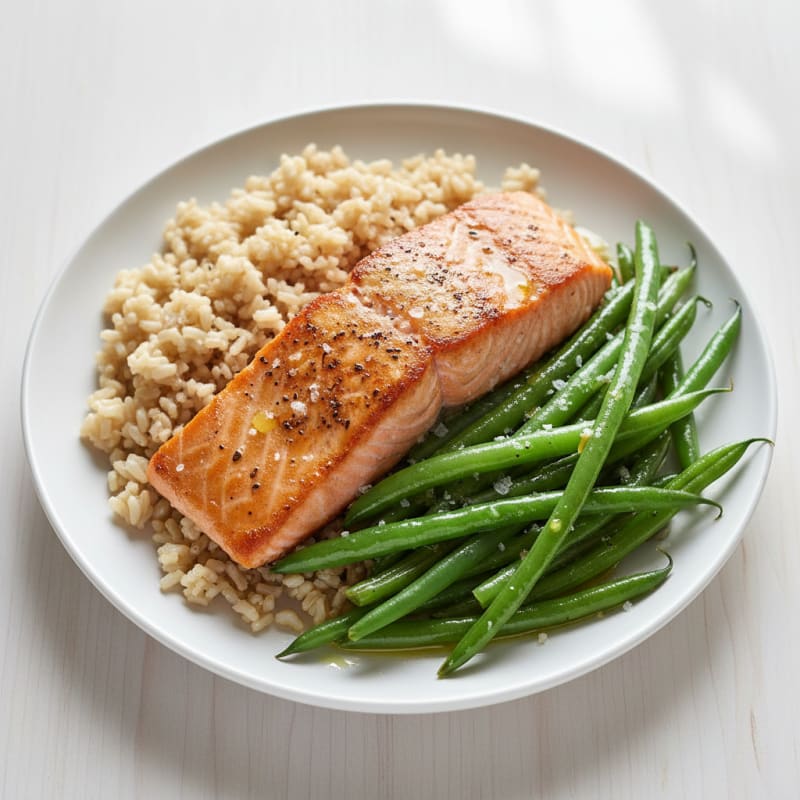 Seared Salmon Fillet with Steamed Green Beans and Brown Rice