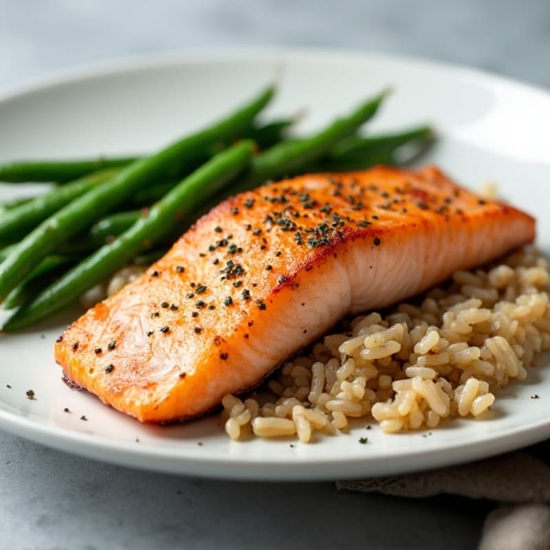 Seared Salmon with Garlic Green Beans and Brown Rice