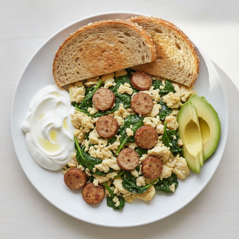 Egg White Spinach Scramble with Turkey Sausage and Greek Yogurt