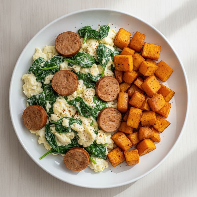 Egg White and Spinach Scramble with Turkey Sausage and Roasted Sweet Potatoes