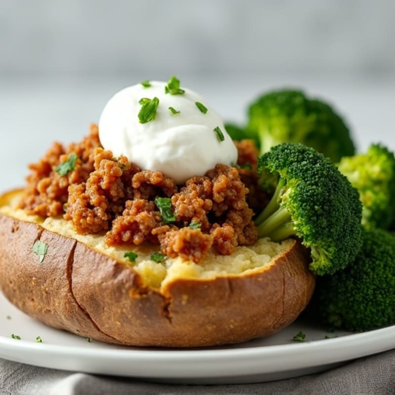 Baked Potato with Lean Ground Turkey, Crispy Broccoli, and Creamy Greek Yogurt