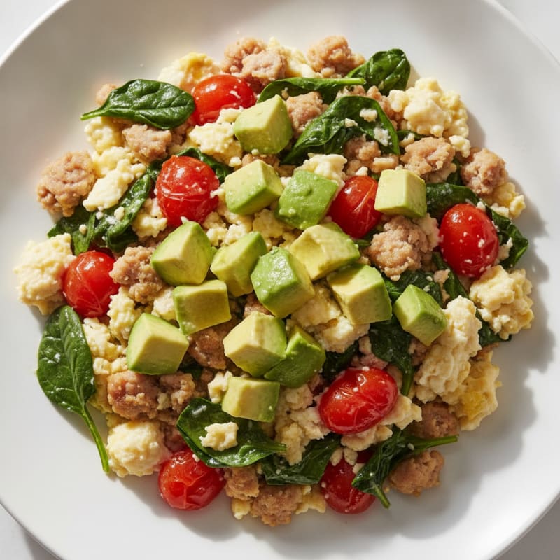 Egg White and Turkey Sausage Scramble with Spinach and Tomatoes