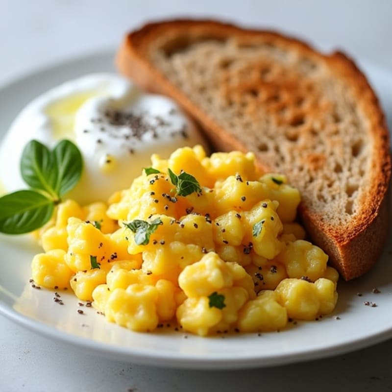 Egg White and Whole Egg Scramble with Toasted Bread and Greek Yogurt