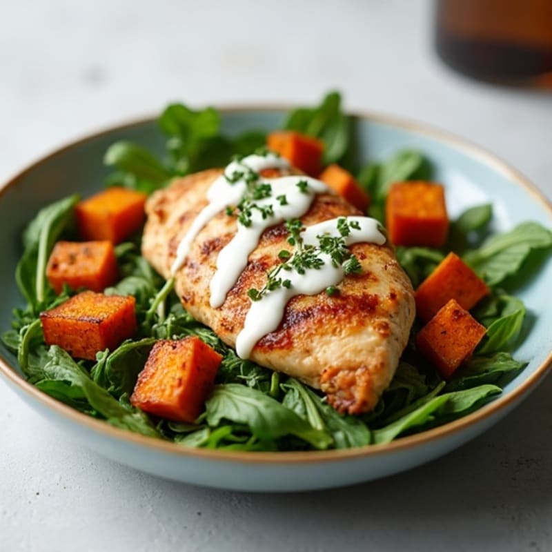 Creamy Balsamic Chicken with Crispy Roasted Sweet Potatoes and Greens
