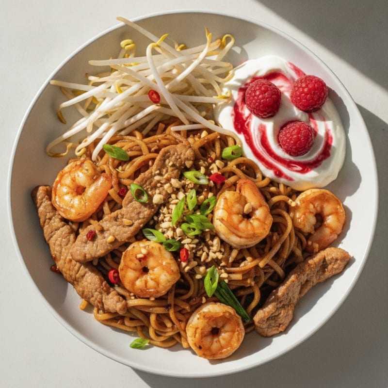 Pork and Shrimp Pad Thai with Protein Yogurt Snack