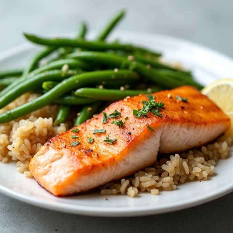 Seared Salmon with Garlic Green Beans and Brown Rice