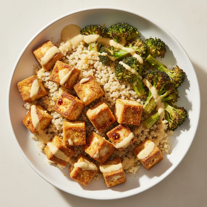 Crispy Tofu Quinoa Bowl with Roasted Broccoli and Tahini Drizzle