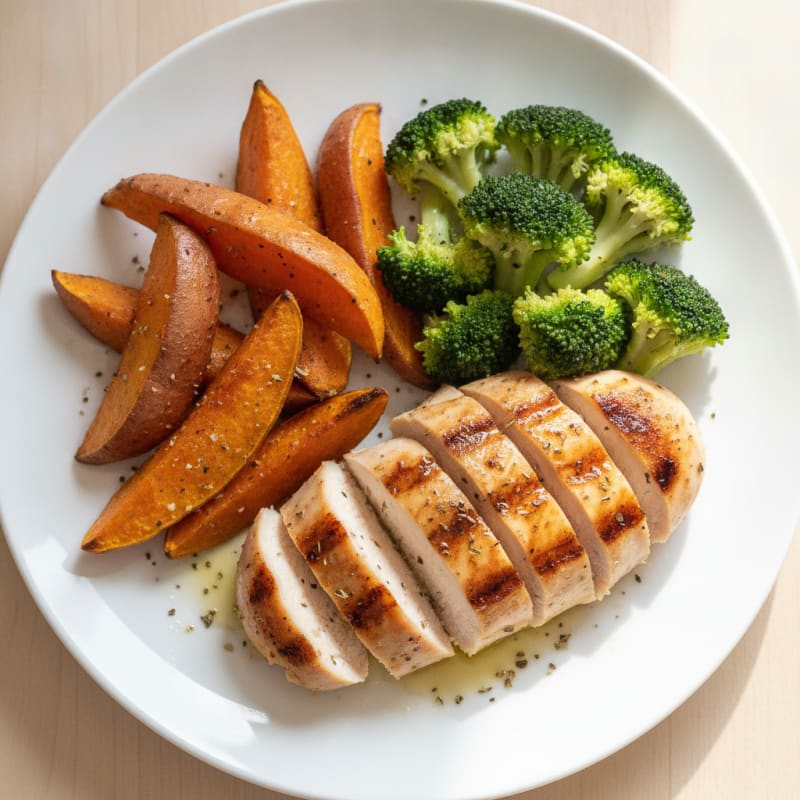 Grilled Chicken Breast with Roasted Sweet Potato and Steamed Broccoli