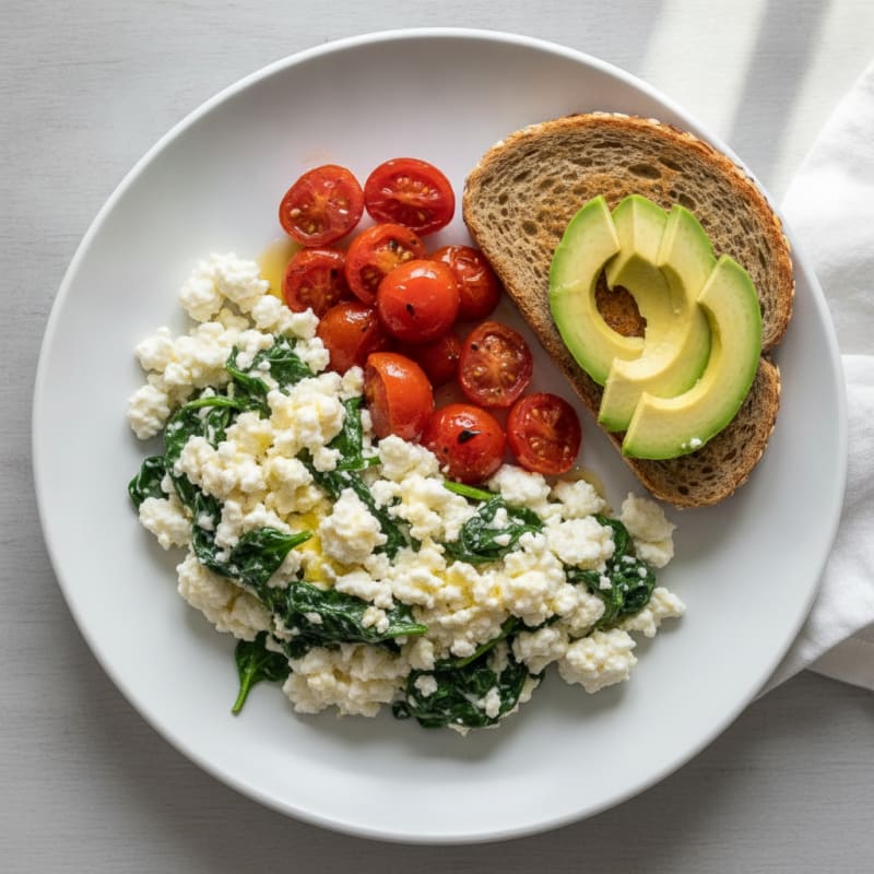 Cottage Cheese Egg White Scramble with Spinach and Tomatoes