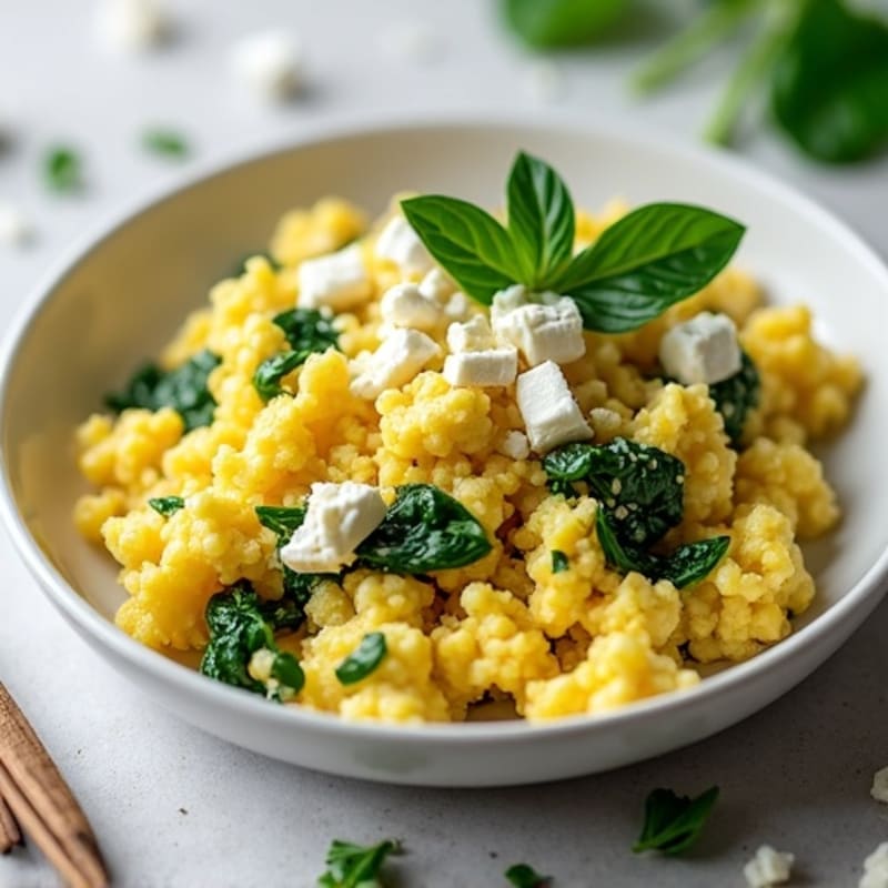 Fluffy Egg Scramble with Fresh Spinach and Feta