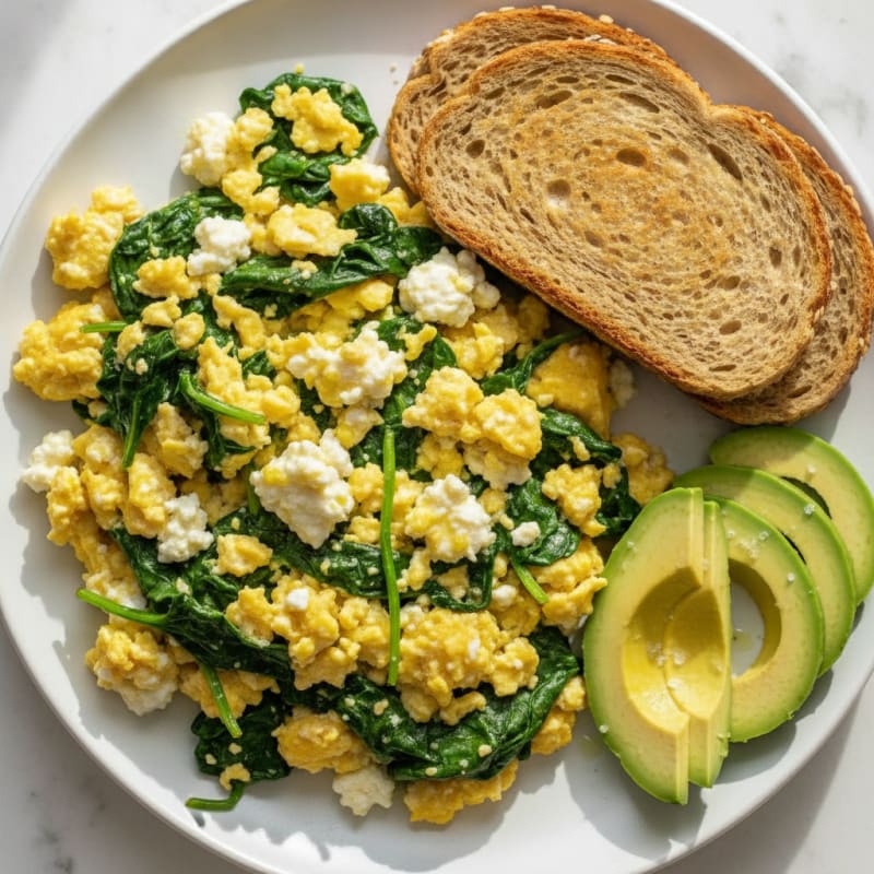 Cottage Cheese and Egg Scramble with Sautéed Spinach