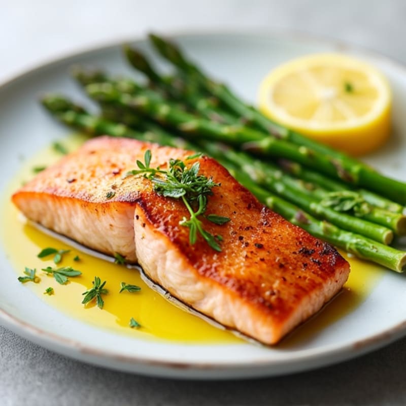 Seared Salmon with Steamed Asparagus and Lemon