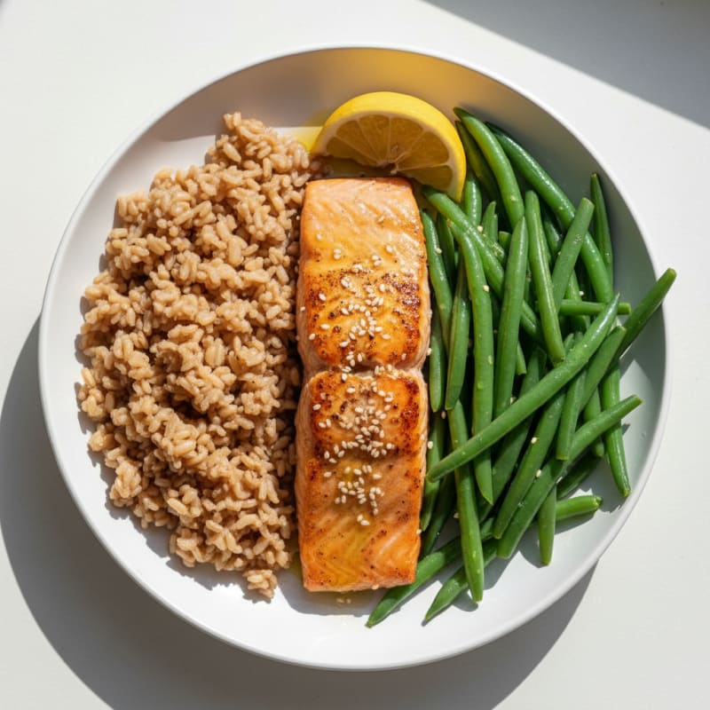 Seared Salmon with Steamed Green Beans and Brown Rice