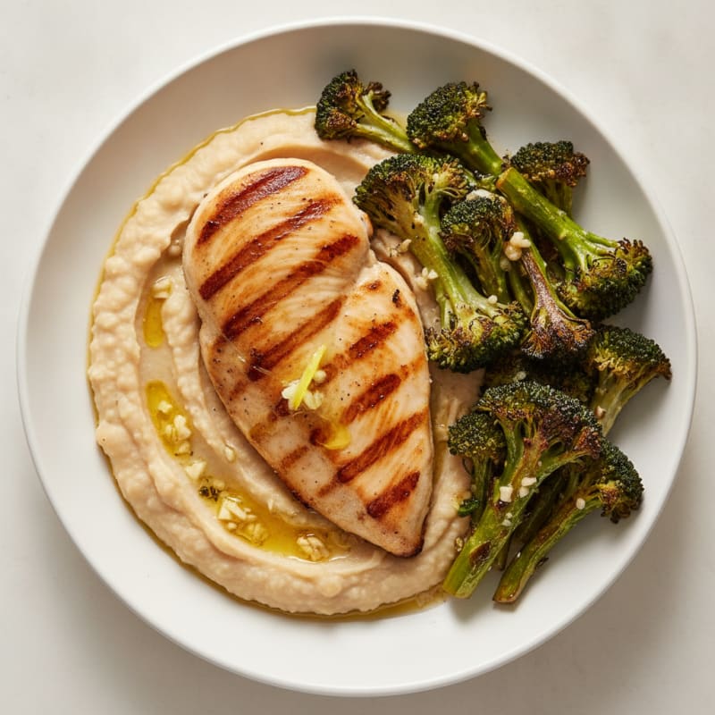 Grilled Chicken Breast with Creamy White Bean Mash and Roasted Broccoli