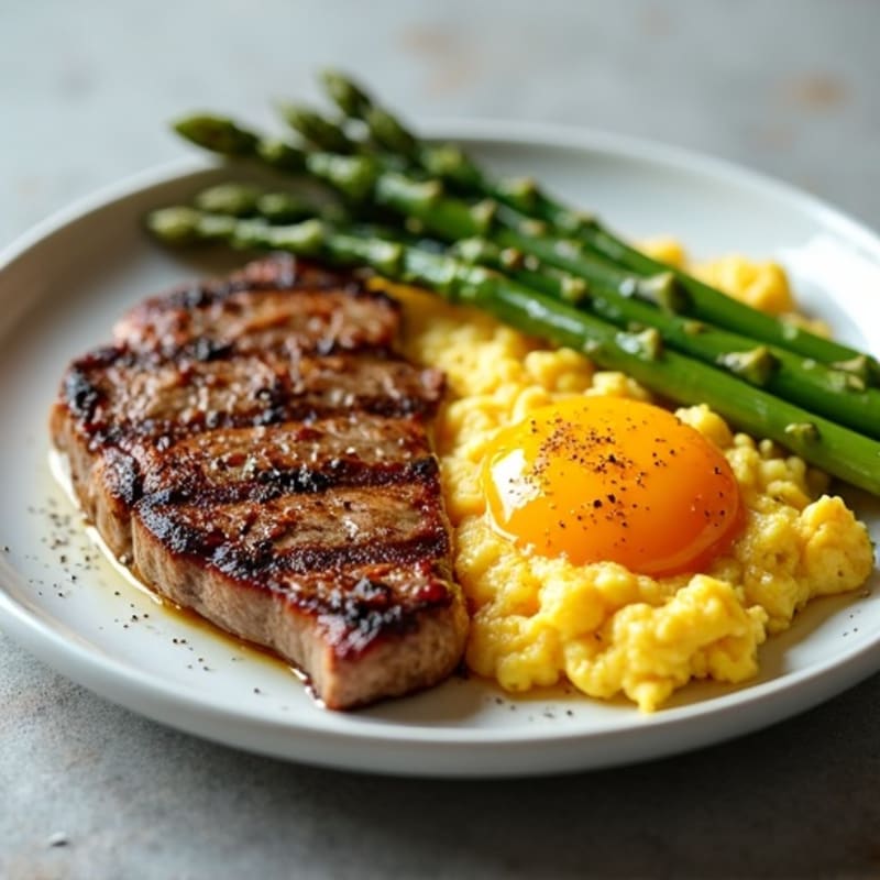 Pan-Seared Steak and Scrambled Eggs with Roasted Asparagus