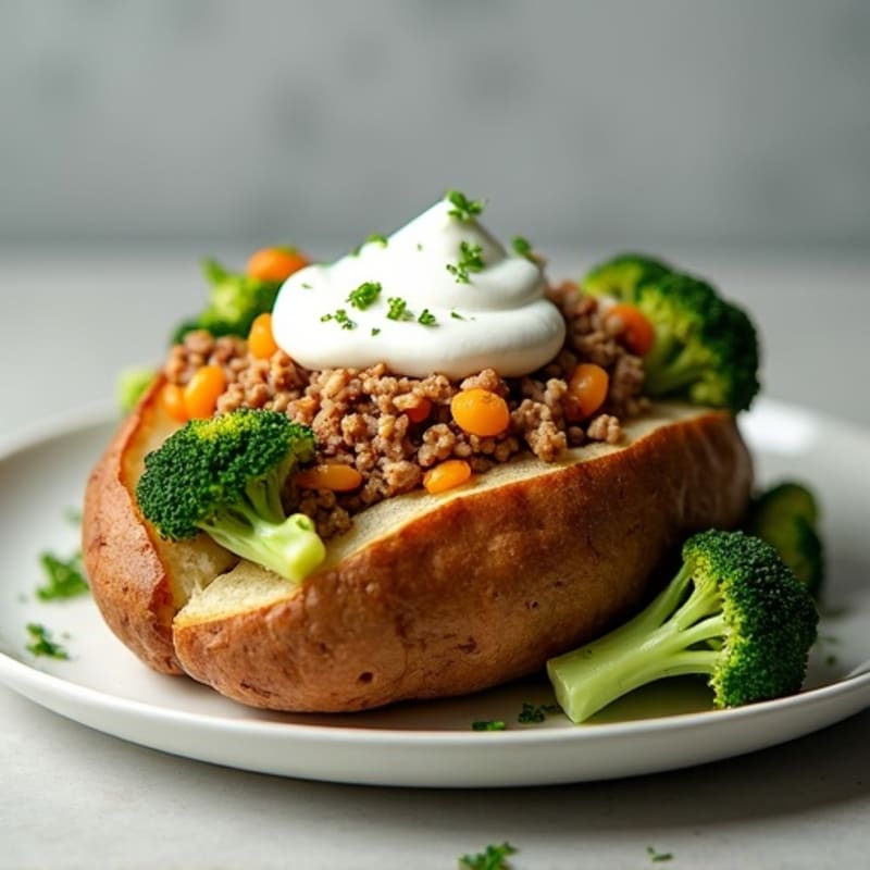 Crispy Loaded Baked Potato with Lean Ground Turkey, Roasted Broccoli, and Creamy Greek Yogurt Topping