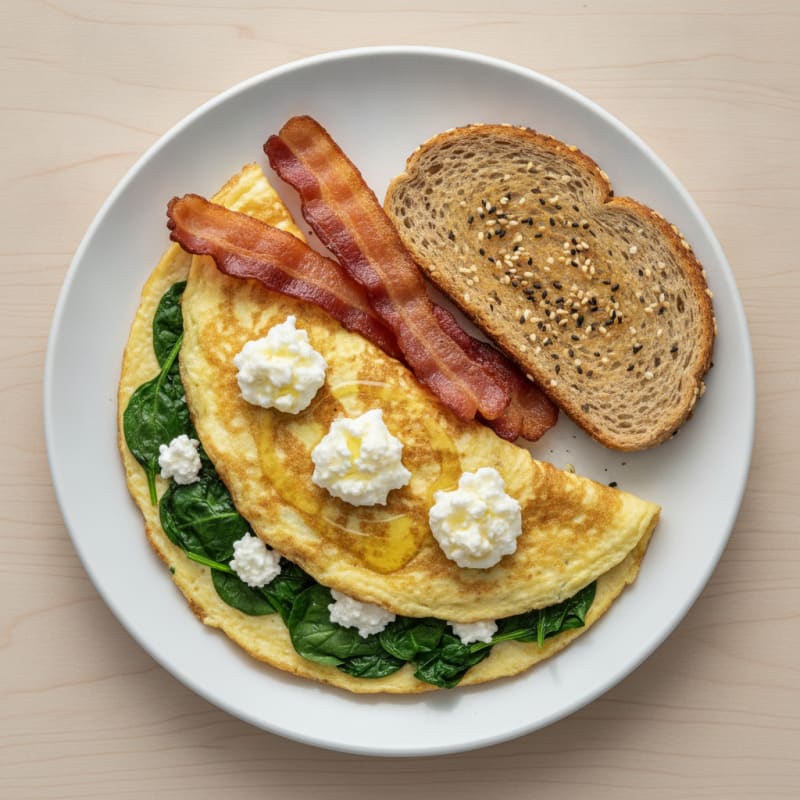 Egg White Spinach Omelet with Cottage Cheese and Turkey Bacon