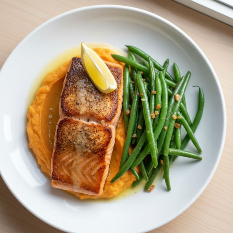 Seared Salmon Filet with Garlic Green Beans and Sweet Potato Mash