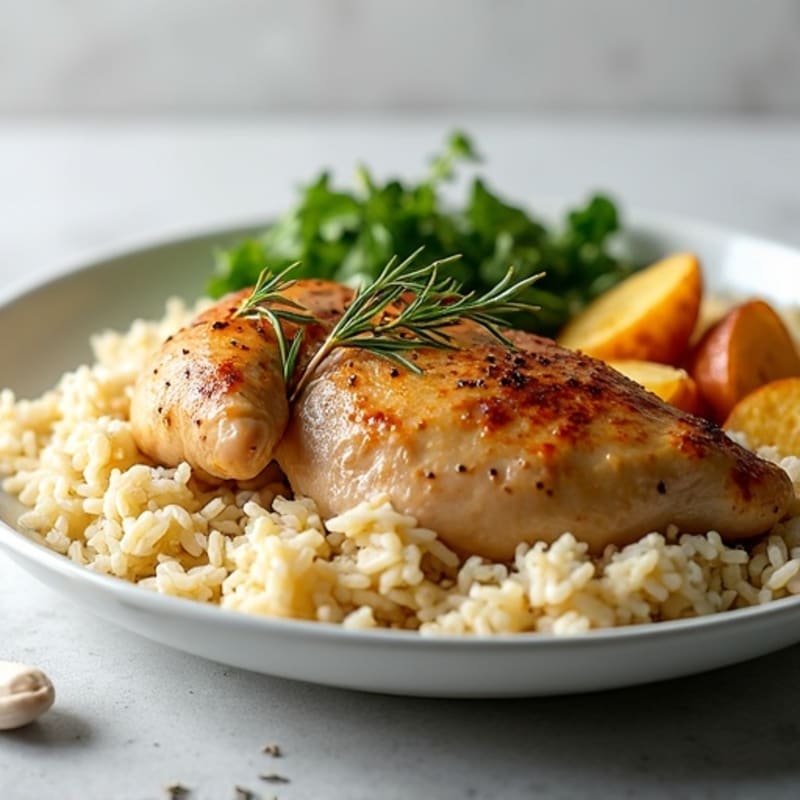 Herb-Roasted Chicken with Garlic Rice and Crispy Potatoes