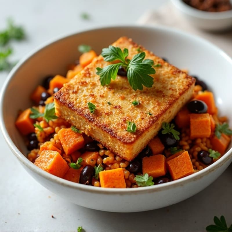 Crispy Baked Tofu with Roasted Sweet Potato Rice Bowl
