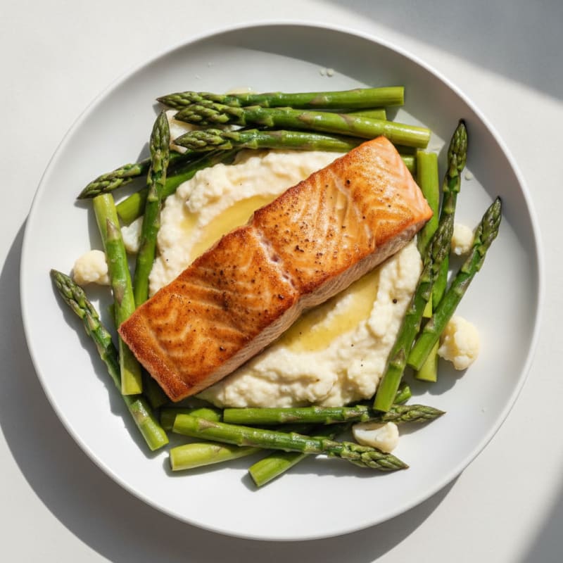 Seared Salmon with Steamed Asparagus and Cauliflower Mash