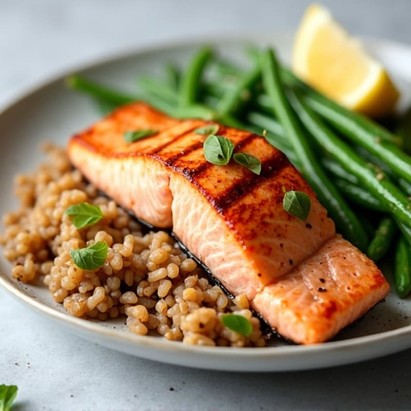 Seared Salmon with Garlic Green Beans and Brown Rice