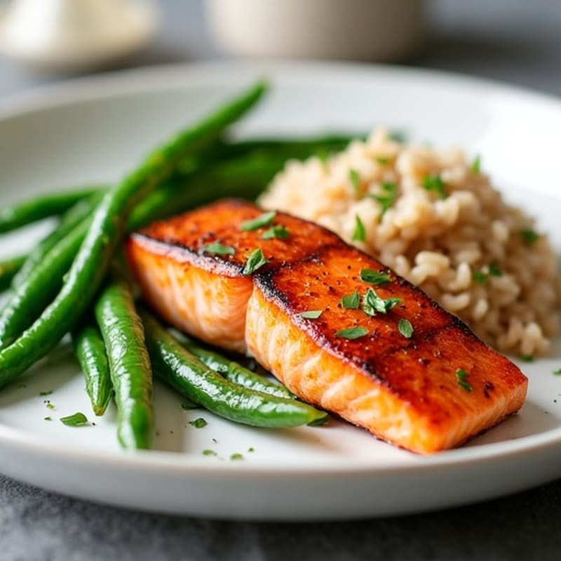 Seared Salmon with Steamed Green Beans and Brown Rice