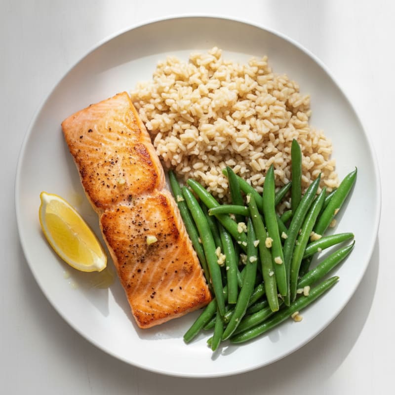 Seared Salmon with Garlic Green Beans and Brown Rice