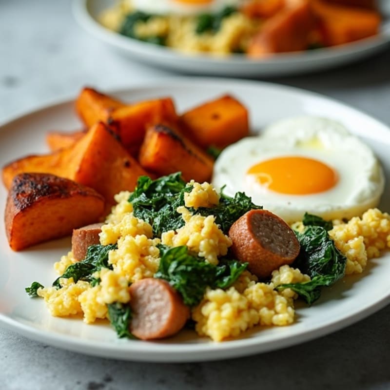 Egg White Spinach Scramble with Turkey Sausage and Roasted Sweet Potatoes