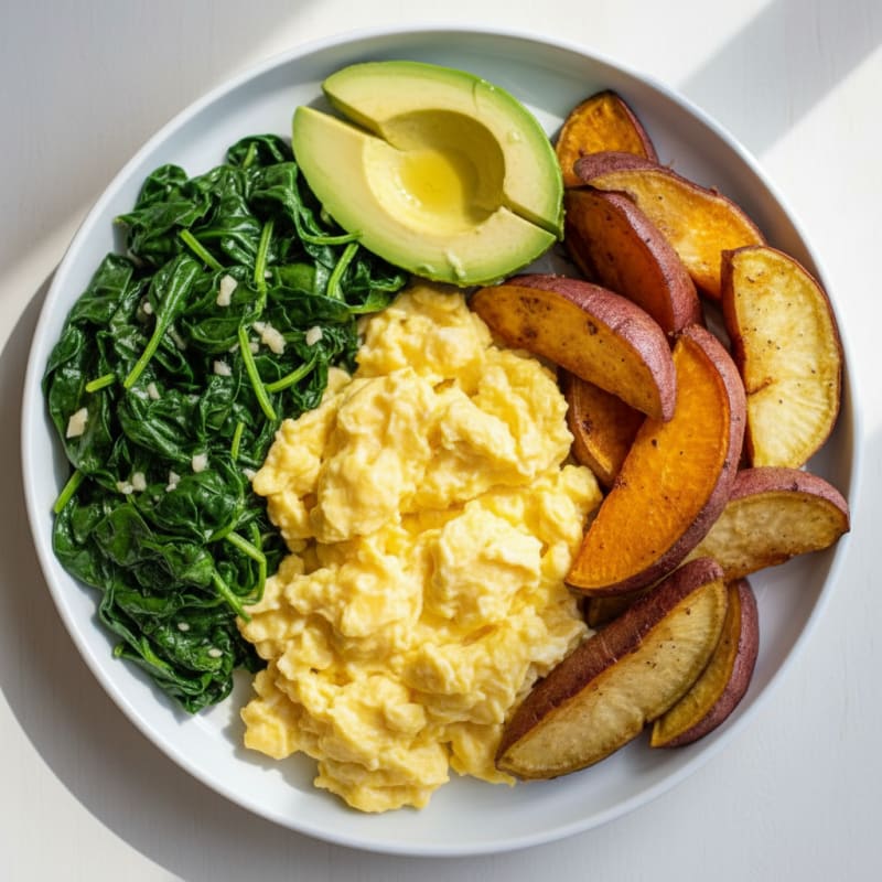 Soft Scrambled Eggs with Sautéed Spinach and Roasted Japanese Sweet Potato