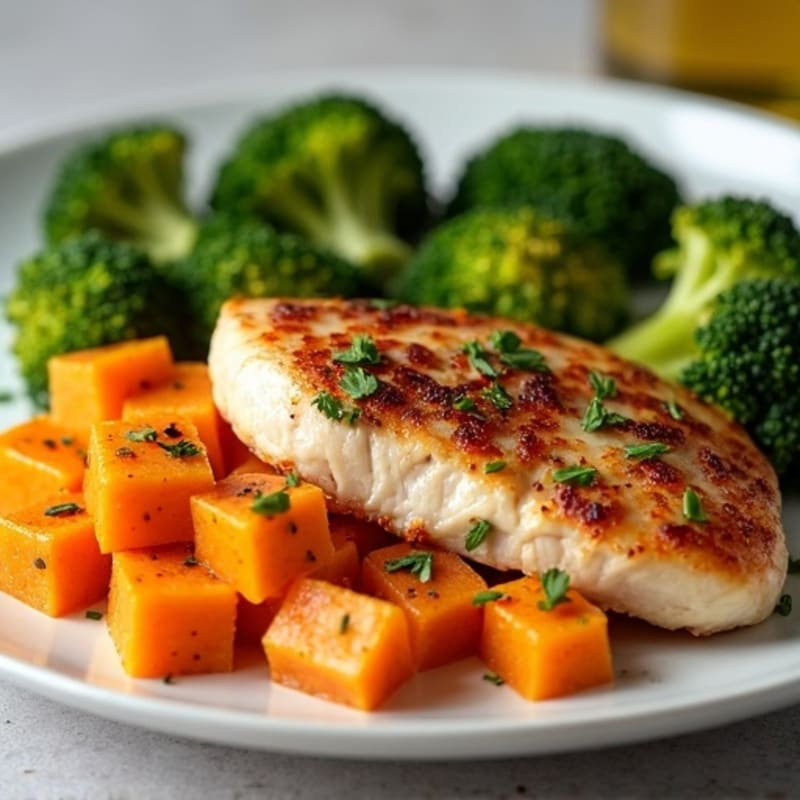 Seared Chicken Breast with Roasted Broccoli and Sweet Potato