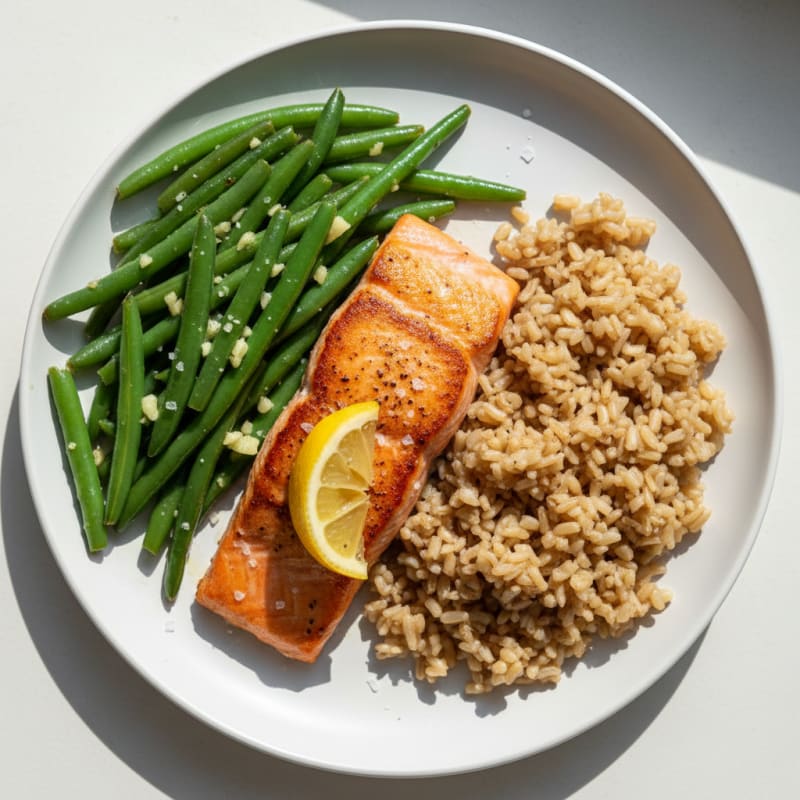 Seared Salmon with Garlic Green Beans and Brown Rice