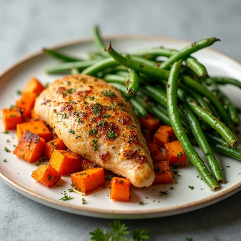 Crispy Lemon-Herb Roasted Chicken with Roasted Sweet Potatoes and Green Beans