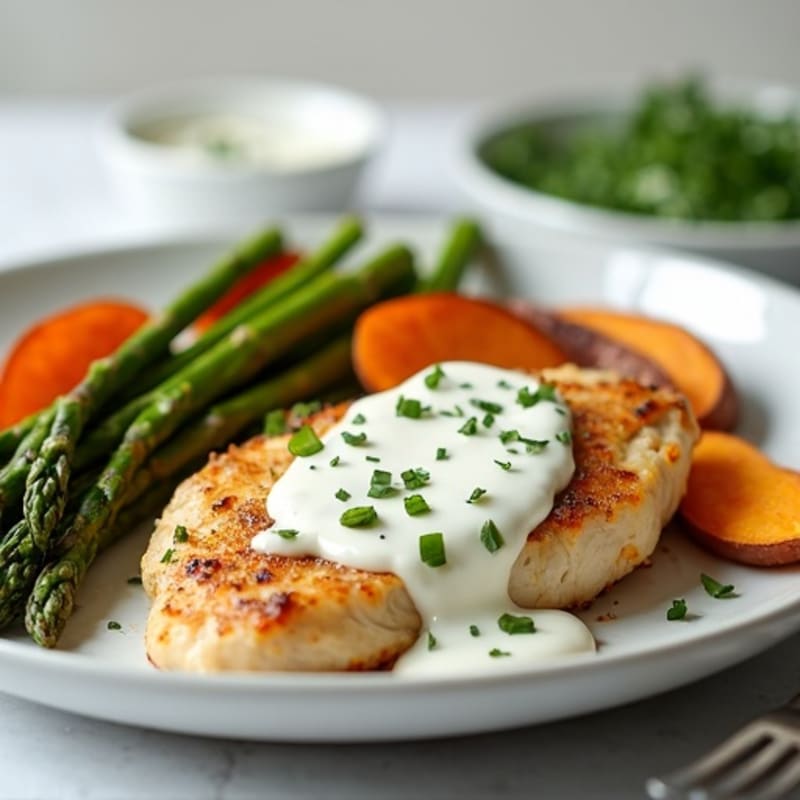 Creamy Vanilla-Kissed Chicken with Roasted Asparagus and Crispy Sweet Potato Wedges