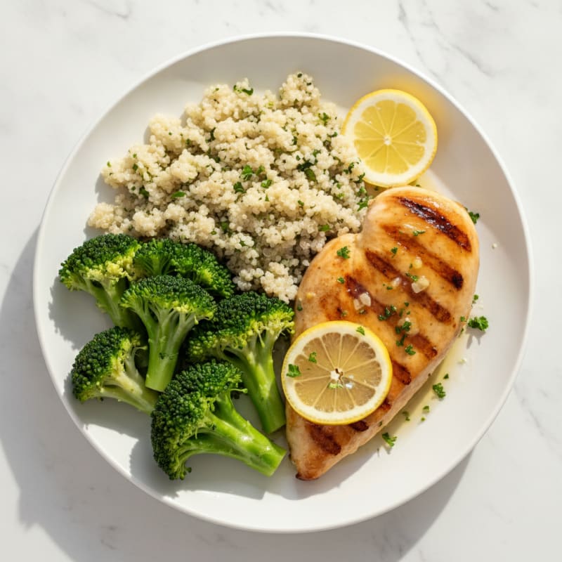 Grilled Chicken Breast with Steamed Broccoli and Quinoa