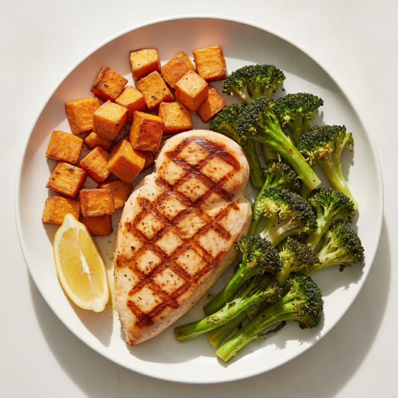 Grilled Chicken Breast with Roasted Broccoli and Sweet Potato