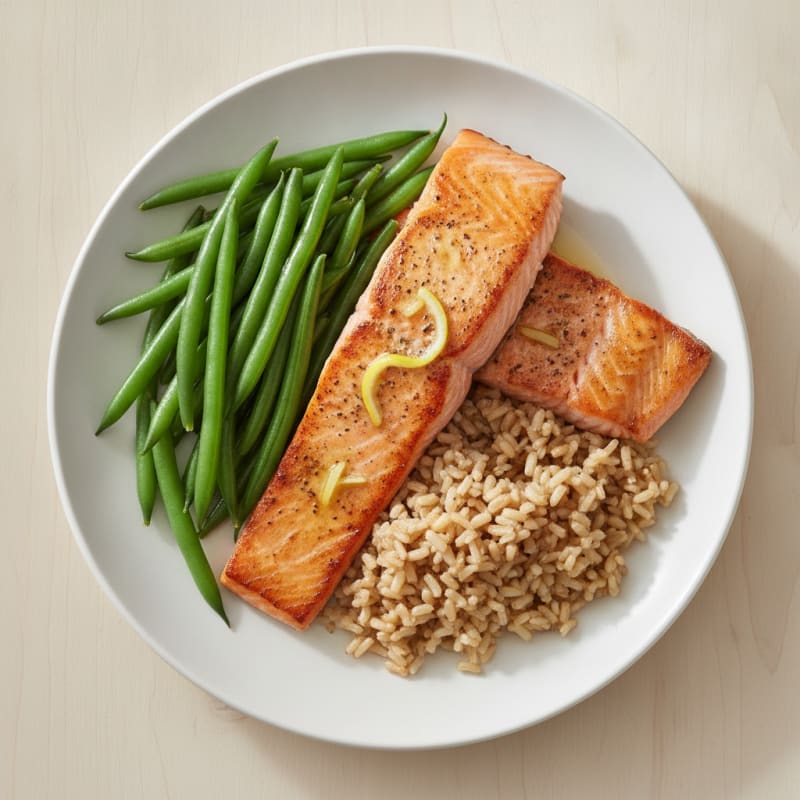 Seared Salmon with Steamed Green Beans and Brown Rice