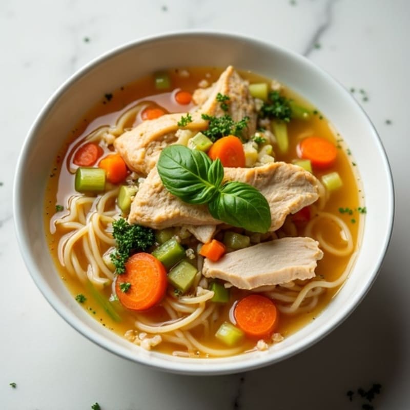 Aromatic Chicken and Rice Noodle Soup with Fresh Herbs