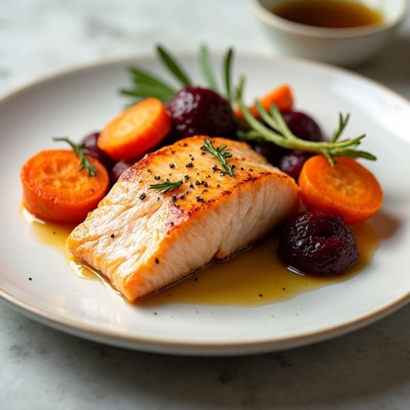 Seared Salmon with Garlic Roasted Root Vegetables