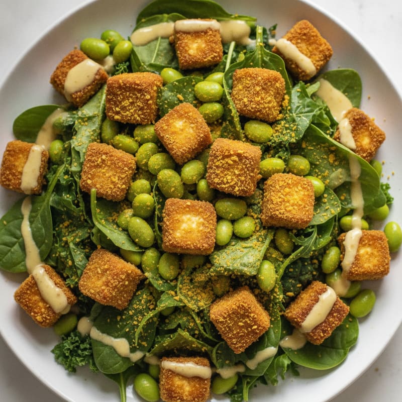 Crispy Tofu and Edamame Salad with Fresh Greens and Lemon-Tahini Dressing