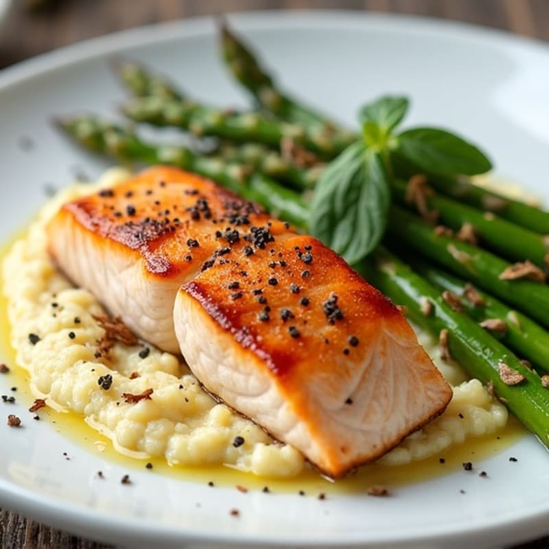 Seared Salmon with Roasted Asparagus and Cauliflower Mash