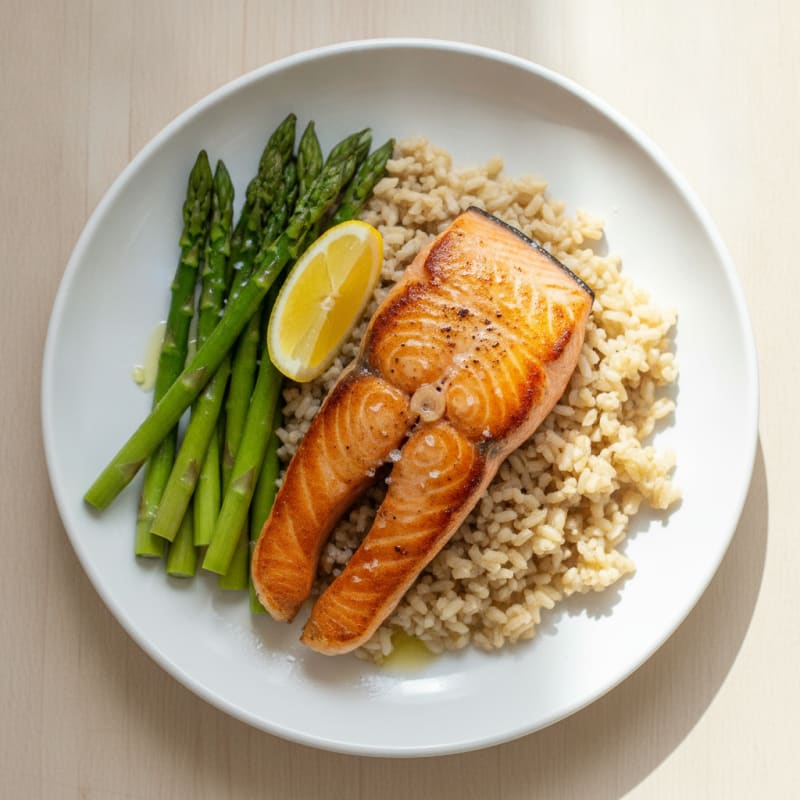 Seared Salmon with Steamed Asparagus and Brown Rice