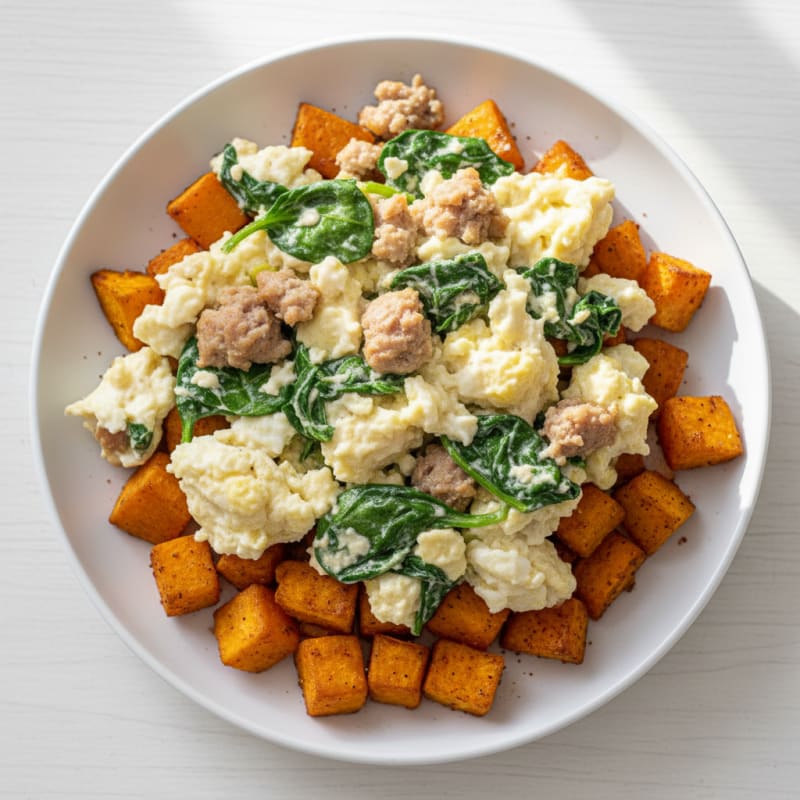 Egg White and Turkey Sausage Scramble with Spinach and Sweet Potato