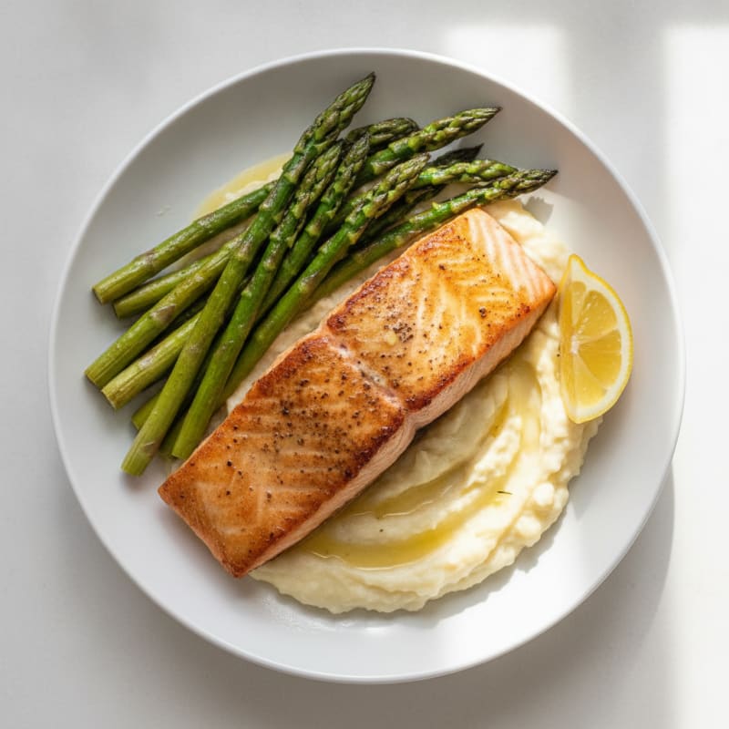 Seared Salmon Fillet with Roasted Asparagus and Cauliflower Mash