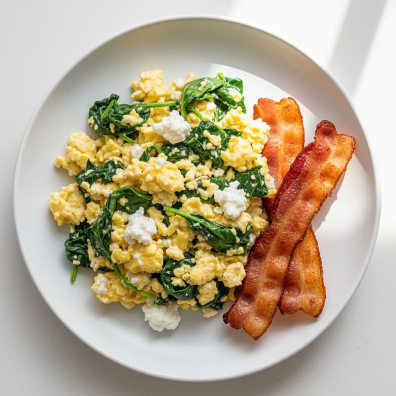 Cottage Cheese Egg Scramble with Spinach and Turkey Bacon