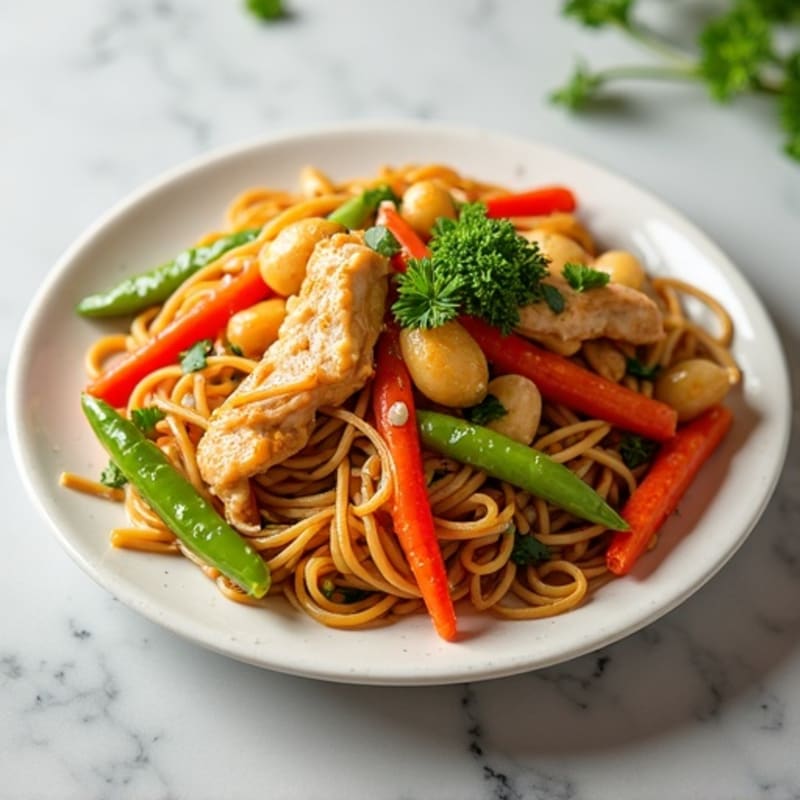 Garlic-Ginger Chicken Lo Mein with Fresh Vegetables