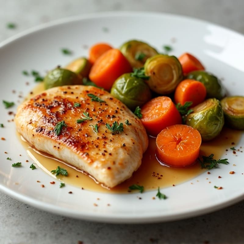 Pan-Seared Chicken with Maple Glazed Carrots and Crispy Roasted Brussels Sprouts