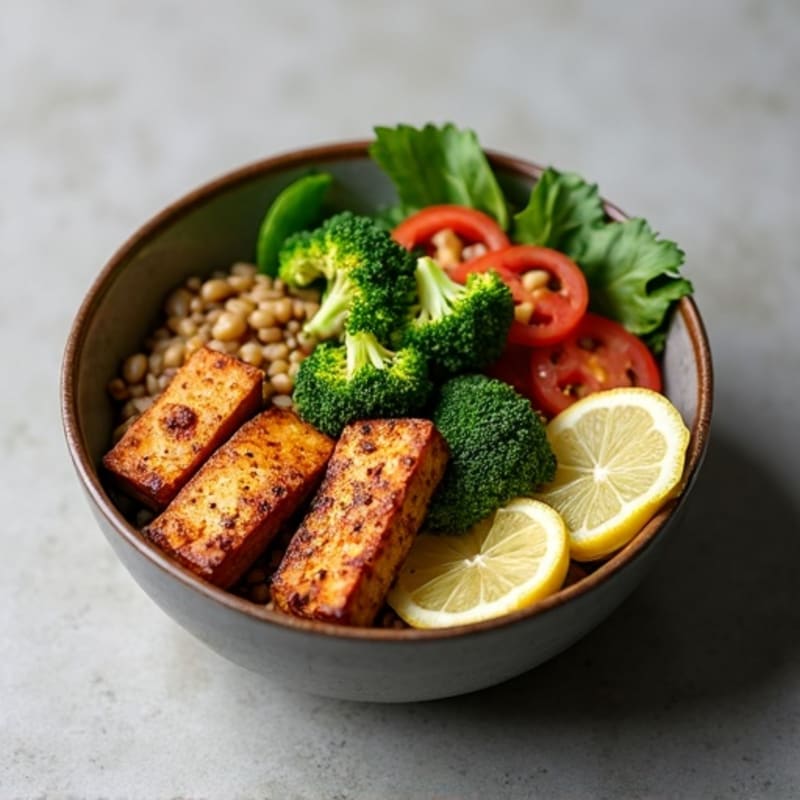Crispy Tofu and Lentil Power Bowl with Roasted Broccoli